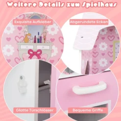 2 in 1 Doppelseitiges Puppenhaus und Kinderküche aus Holz 55 x 42, 5 x 91 cm Rosa