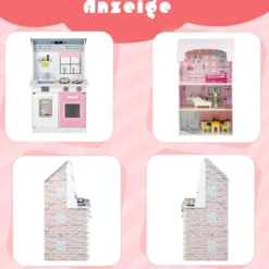2 in 1 Doppelseitiges Puppenhaus und Kinderküche aus Holz 55 x 42, 5 x 91 cm Rosa