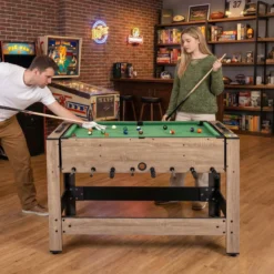 2 in 1 Drehbarer Spieltisch 124 cm Kickertisch & Billard Kombination Spieltisch-Set für Jugendliche Braun