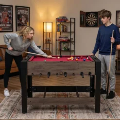 3-in-1 drehbarer Spieltisch 49-Zoll Kombi-Spieltisch mit Tischfußball Billard & Tischtennis Braun 124 x 60,5 x 84 cm