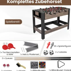 3-in-1 drehbarer Spieltisch 49-Zoll Kombi-Spieltisch mit Tischfußball Billard & Tischtennis Braun 124 x 60,5 x 84 cm
