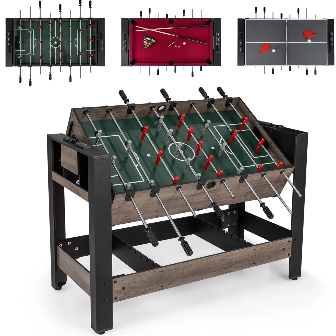 3-in-1 drehbarer Spieltisch 49-Zoll Kombi-Spieltisch mit Tischfußball Billard & Tischtennis Braun 124 x 60,5 x 84 cm