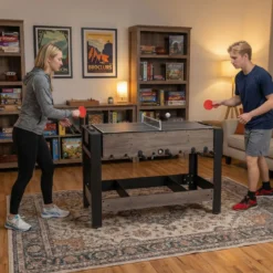 3-in-1 drehbarer Spieltisch 49-Zoll Kombi-Spieltisch mit Tischfußball Billard & Tischtennis Braun 124 x 60,5 x 84 cm