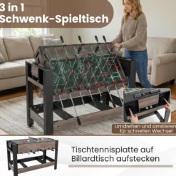 3-in-1 drehbarer Spieltisch 49-Zoll Kombi-Spieltisch mit Tischfußball Billard & Tischtennis Braun 124 x 60,5 x 84 cm