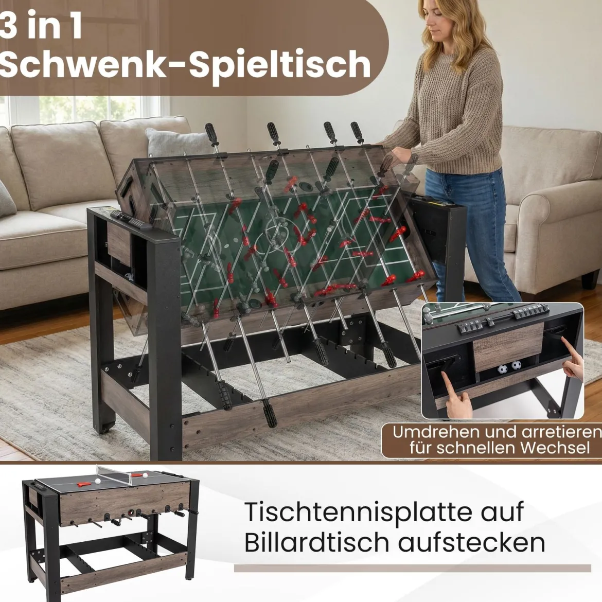 3-in-1 drehbarer Spieltisch 49-Zoll Kombi-Spieltisch mit Tischfußball Billard & Tischtennis Braun 124 x 60,5 x 84 cm