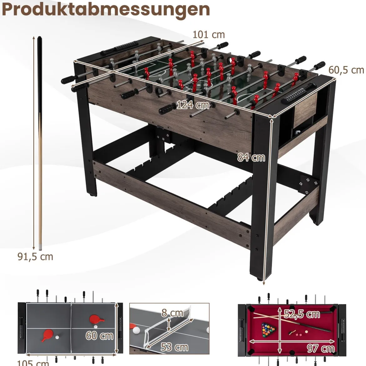 3-in-1 drehbarer Spieltisch 49-Zoll Kombi-Spieltisch mit Tischfußball Billard & Tischtennis Braun 124 x 60,5 x 84 cm