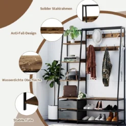 Industrielle Garderobe mit Schuhbank für den Eingangsbereich 122x40x180 cm Rustikales Braun