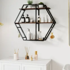 Industrielle Hexagon Wandregal 3-stufiges dekorative schwebende Regal mit Haken Rustikal