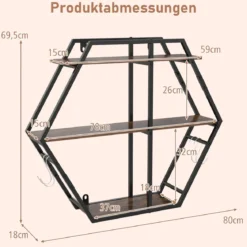 Industrielle Hexagon Wandregal 3-stufiges dekorative schwebende Regal mit Haken Rustikal