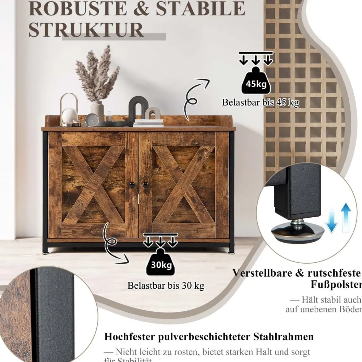 Industrielle Katzentoiletten-Gehäuse mit Doppeltüren & verstellbaren Fußpolstern Braun