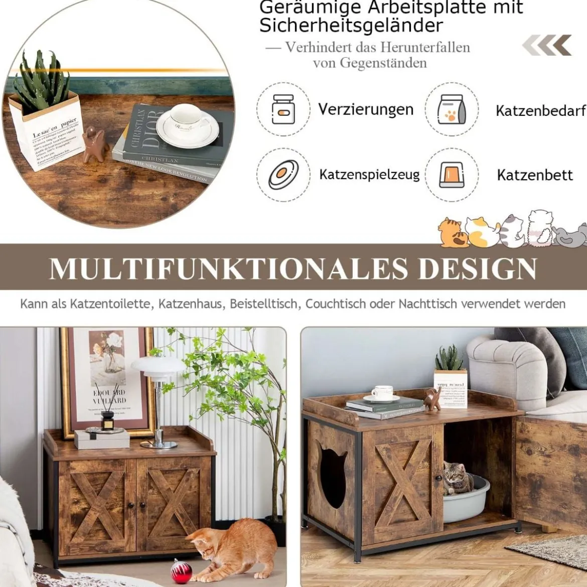 Industrielle Katzentoiletten-Gehäuse mit Doppeltüren & verstellbaren Fußpolstern Braun