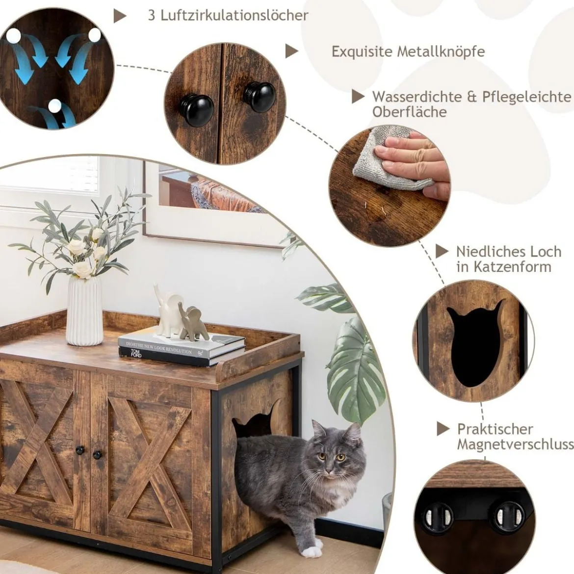 Industrielle Katzentoiletten-Gehäuse mit Doppeltüren & verstellbaren Fußpolstern Braun