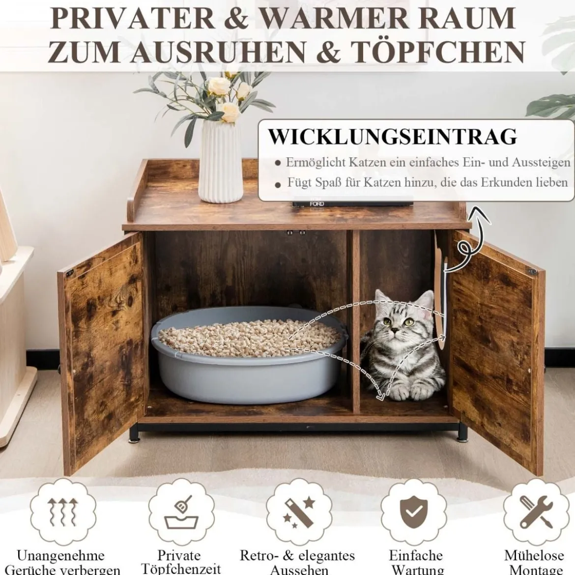 Industrielle Katzentoiletten-Gehäuse mit Doppeltüren & verstellbaren Fußpolstern Braun