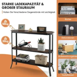 Industrieller 3 stufiger Konsolentisch mit offenen Ablagefächern und Metallrahmen 98 x 28 x 91,5 cm Braun