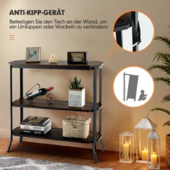 Industrieller 3 stufiger Konsolentisch mit offenen Ablagefächern und Metallrahmen 98 x 28 x 91,5 cm Braun