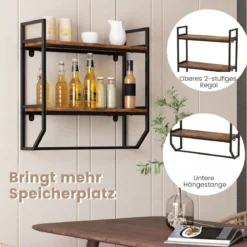 Industrielles 2 Ebenen Wandregal mit Stange & Metallrahmen Rustikales Braun