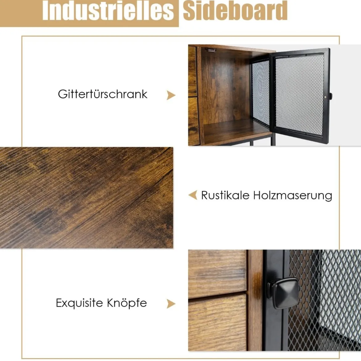 Industrielles Multifunktionales Sideboard mit 2 Gitterschränken und 2 Schubladen 100 x 35 x 85 cm