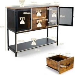 Industrielles Multifunktionales Sideboard mit 2 Gitterschränken und 2 Schubladen 100 x 35 x 85 cm