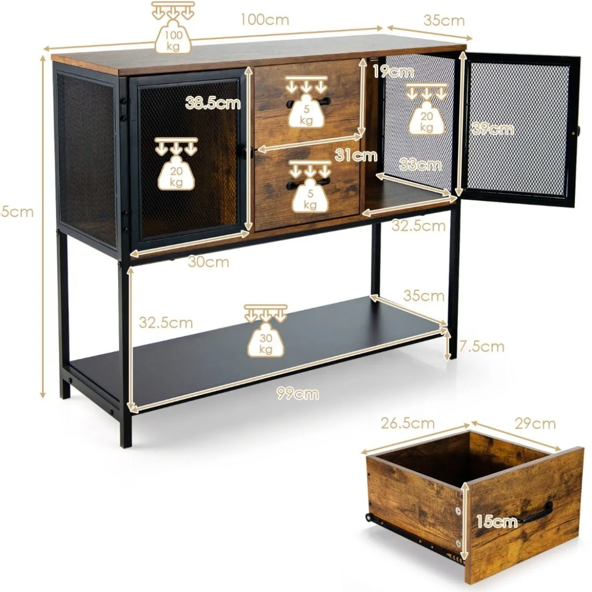 Industrielles Multifunktionales Sideboard mit 2 Gitterschränken und 2 Schubladen 100 x 35 x 85 cm