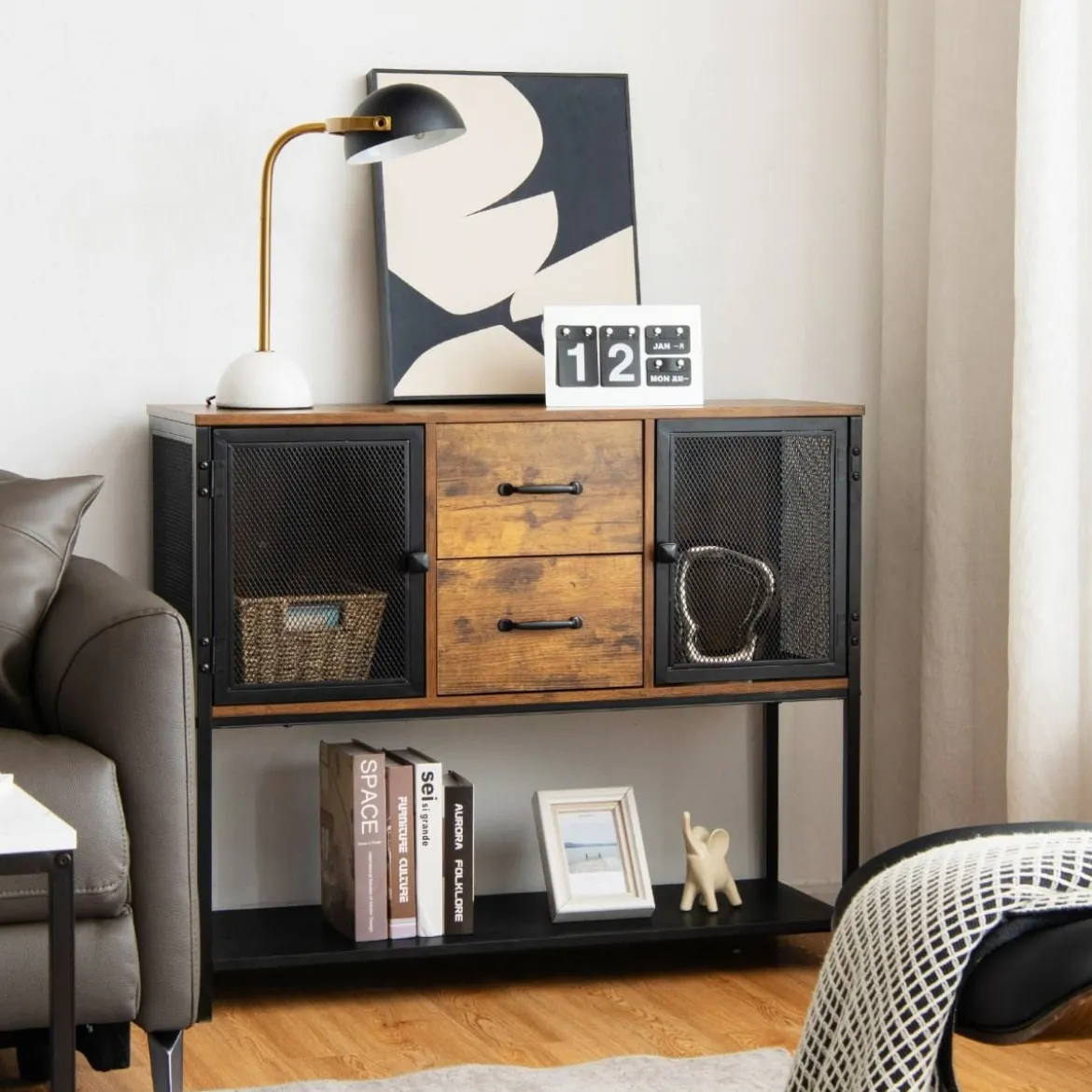 Industrielles Multifunktionales Sideboard mit 2 Gitterschränken und 2 Schubladen 100 x 35 x 85 cm