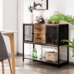 Industrielles Multifunktionales Sideboard mit 2 Gitterschränken und 2 Schubladen 100 x 35 x 85 cm
