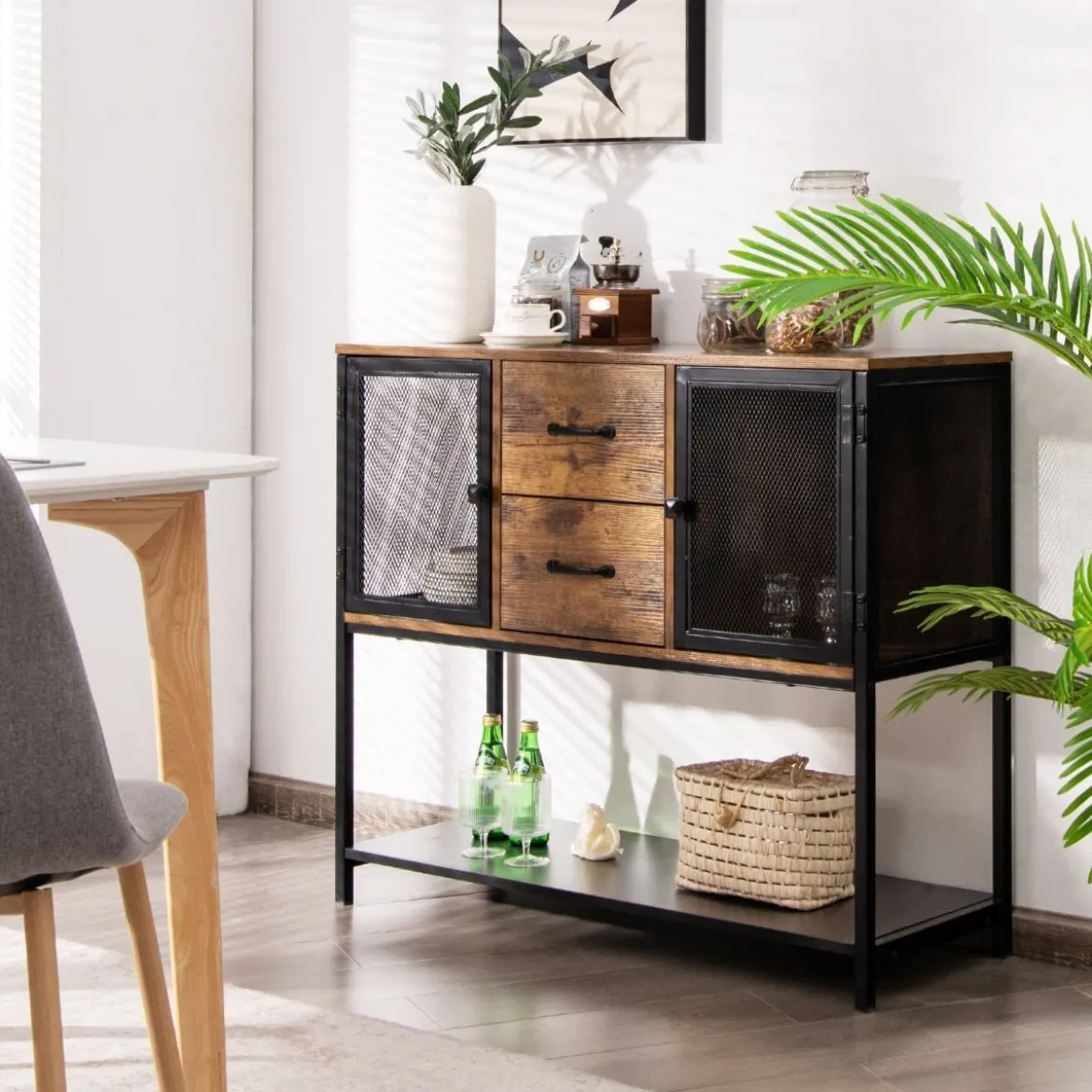 Industrielles Multifunktionales Sideboard mit 2 Gitterschränken und 2 Schubladen 100 x 35 x 85 cm