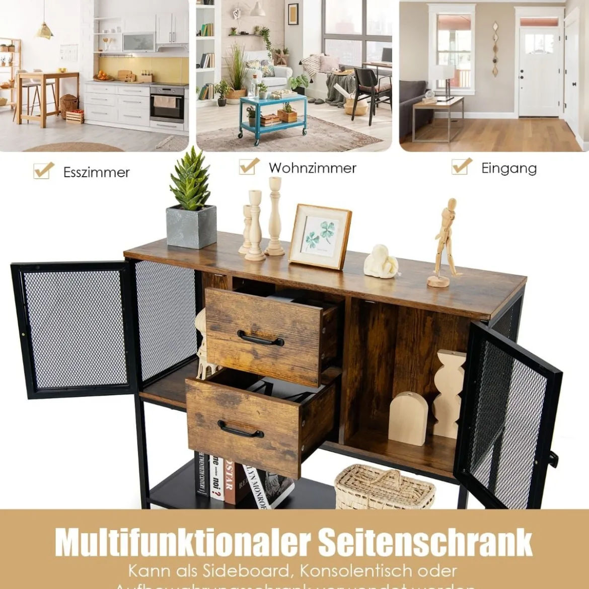 Industrielles Multifunktionales Sideboard mit 2 Gitterschränken und 2 Schubladen 100 x 35 x 85 cm