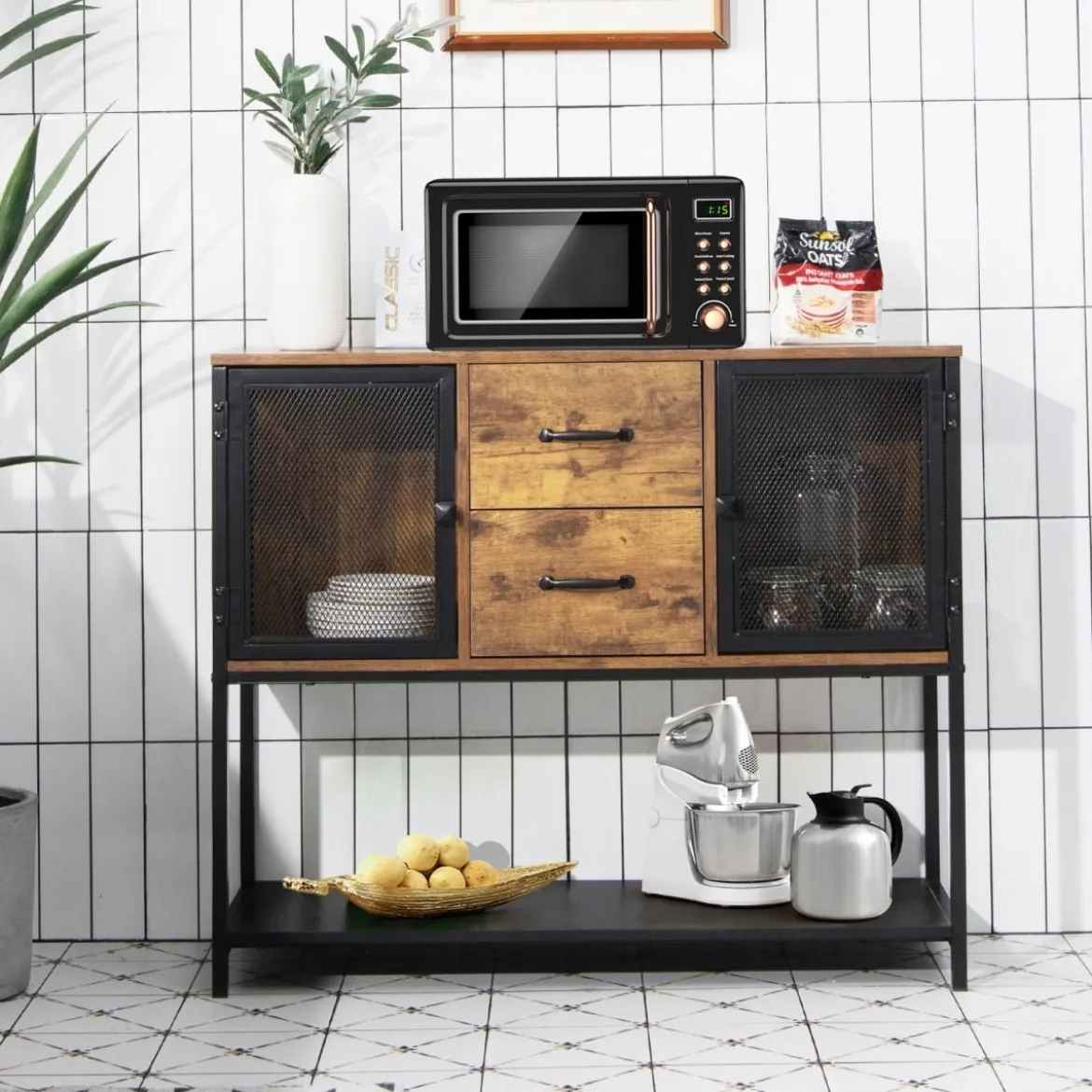 Industrielles Multifunktionales Sideboard mit 2 Gitterschränken und 2 Schubladen 100 x 35 x 85 cm