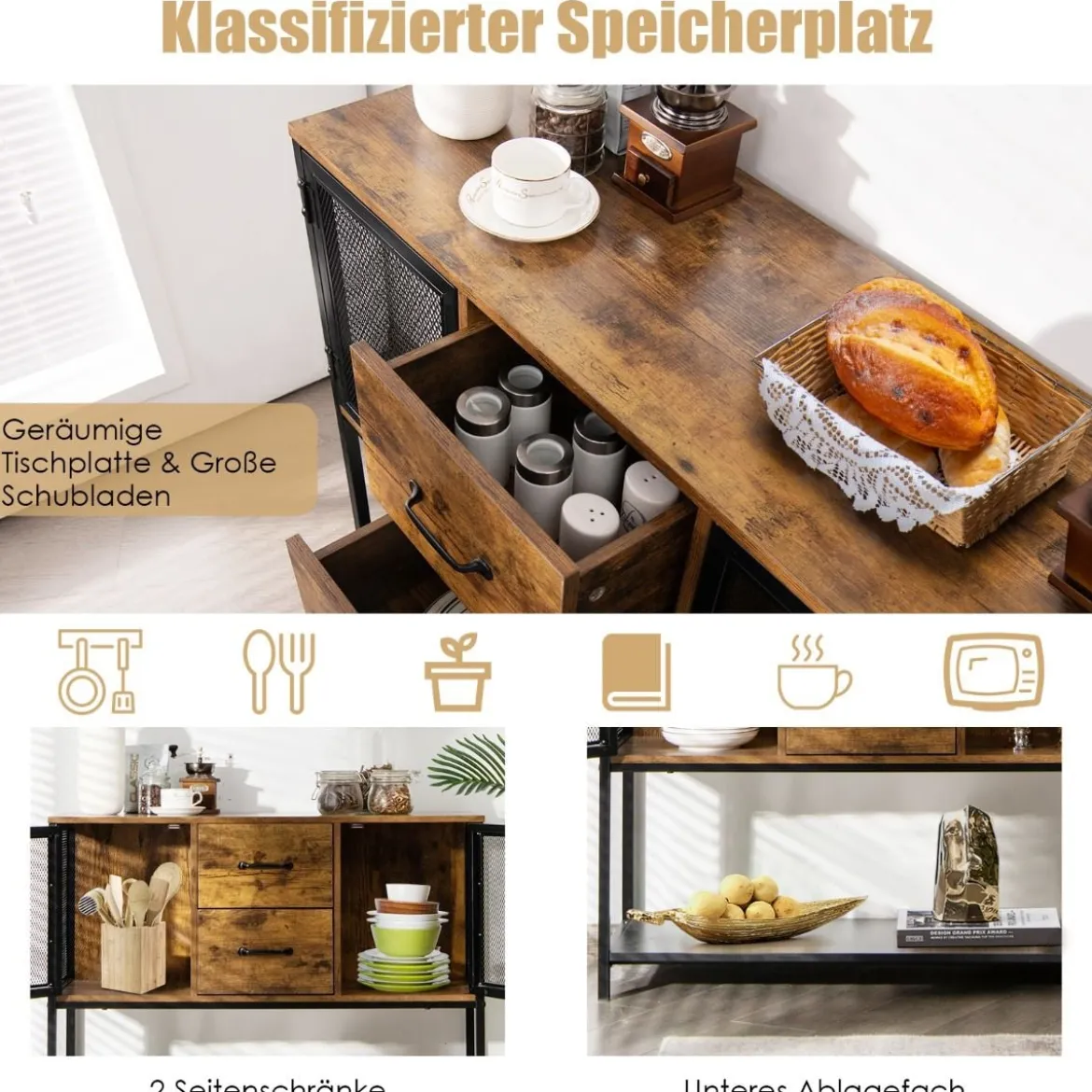 Industrielles Multifunktionales Sideboard mit 2 Gitterschränken und 2 Schubladen 100 x 35 x 85 cm