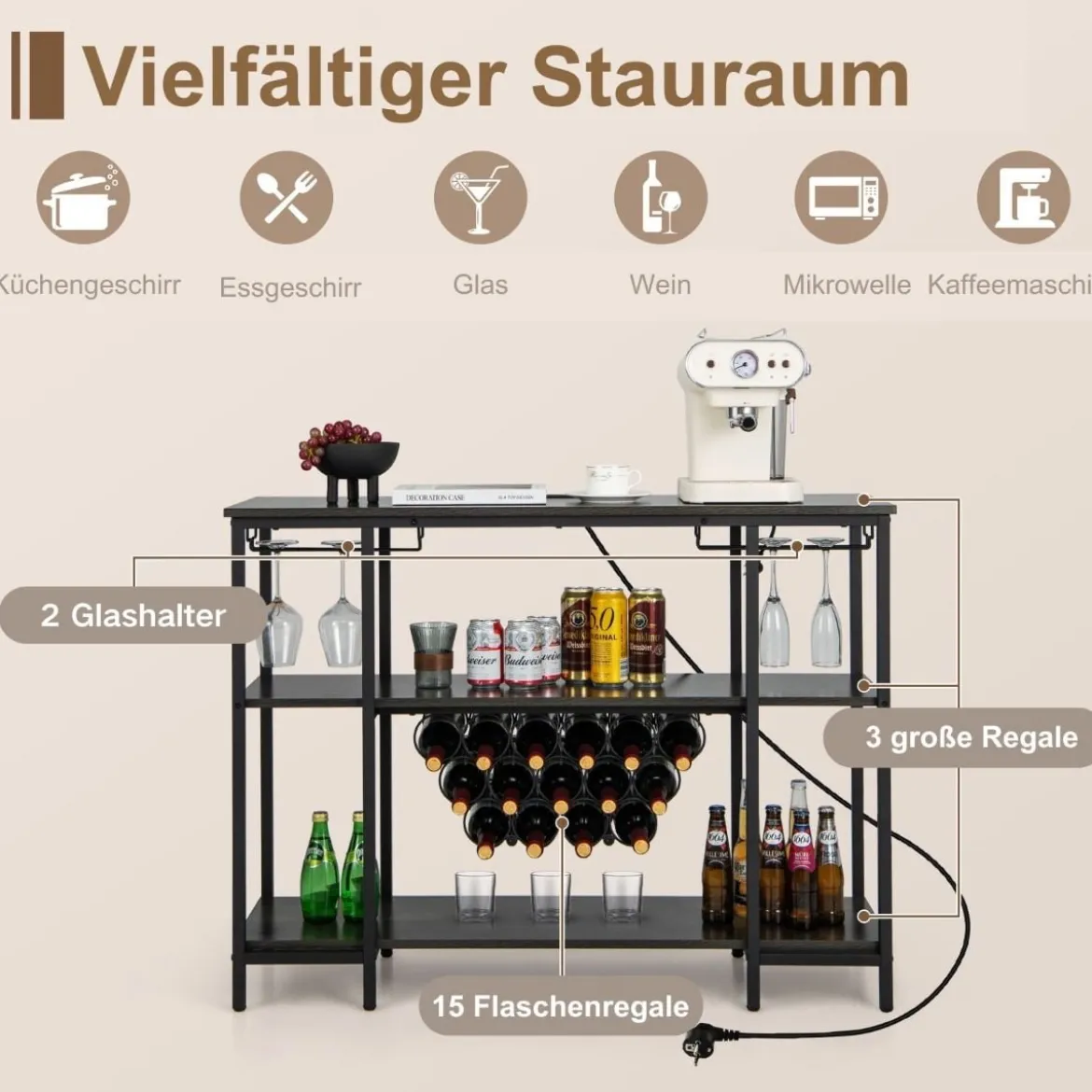 Industrielles Weinregal mit Glashalter & Regalen & Steckdosen für 15 Weinflaschen Weinschrank Grau