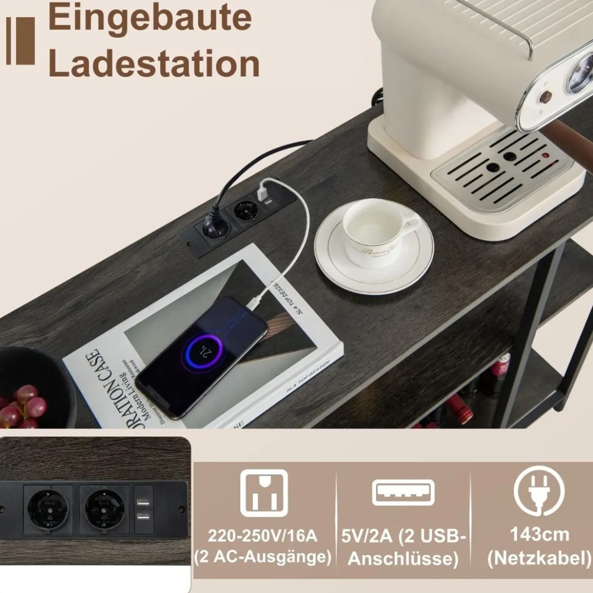 Industrielles Weinregal mit Glashalter & Regalen & Steckdosen für 15 Weinflaschen Weinschrank Grau