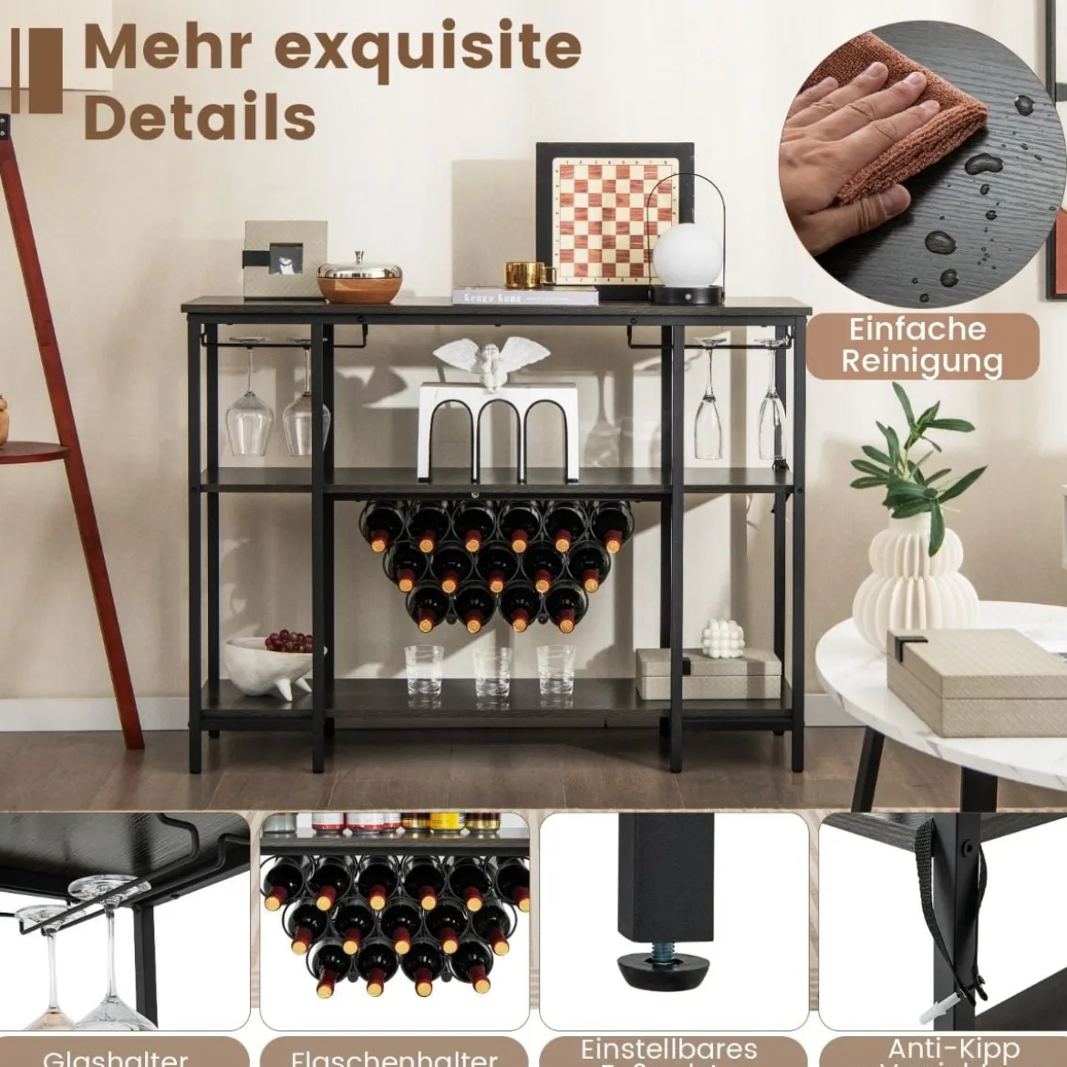 Industrielles Weinregal mit Glashalter & Regalen & Steckdosen für 15 Weinflaschen Weinschrank Grau
