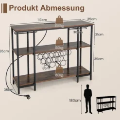 Industrielles Weinregal mit Glashalter & Regalen & Steckdosen für 15 Weinflaschen Weinschrank Braun