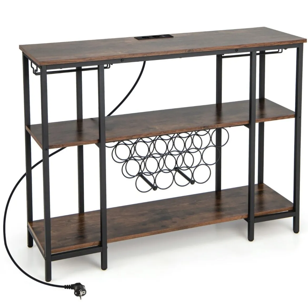 Industrielles Weinregal mit Glashalter & Regalen & Steckdosen für 15 Weinflaschen Weinschrank Braun