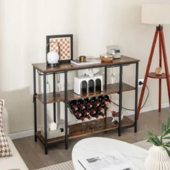 Industrielles Weinregal mit Glashalter & Regalen & Steckdosen für 15 Weinflaschen Weinschrank Braun