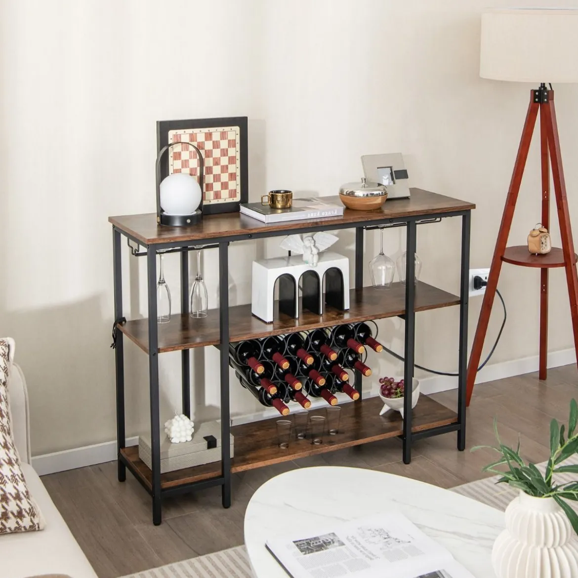 Industrielles Weinregal mit Glashalter & Regalen & Steckdosen für 15 Weinflaschen Weinschrank Braun
