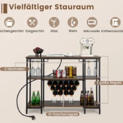 Industrielles Weinregal mit Glashalter & Regalen & Steckdosen für 15 Weinflaschen Weinschrank Braun