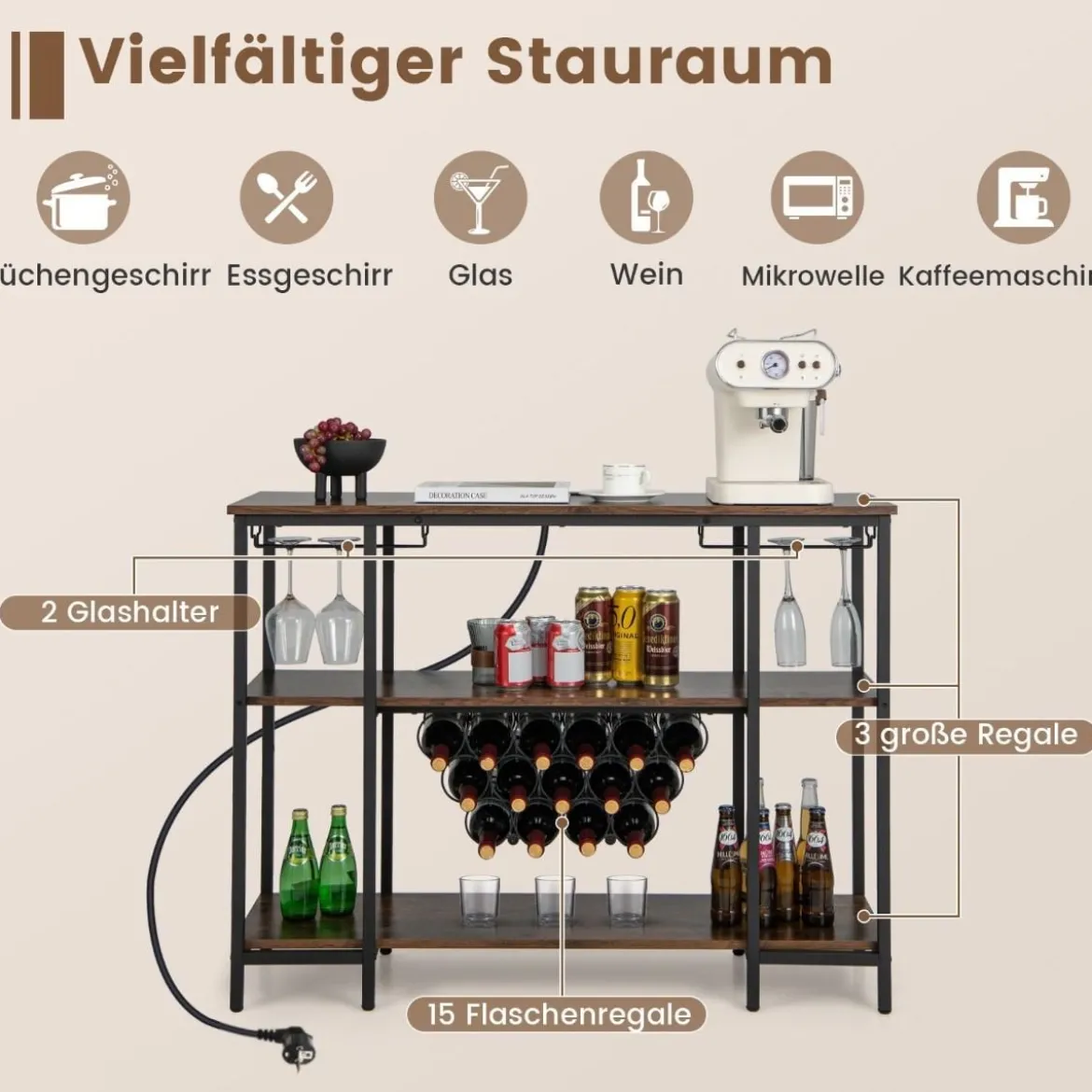 Industrielles Weinregal mit Glashalter & Regalen & Steckdosen für 15 Weinflaschen Weinschrank Braun