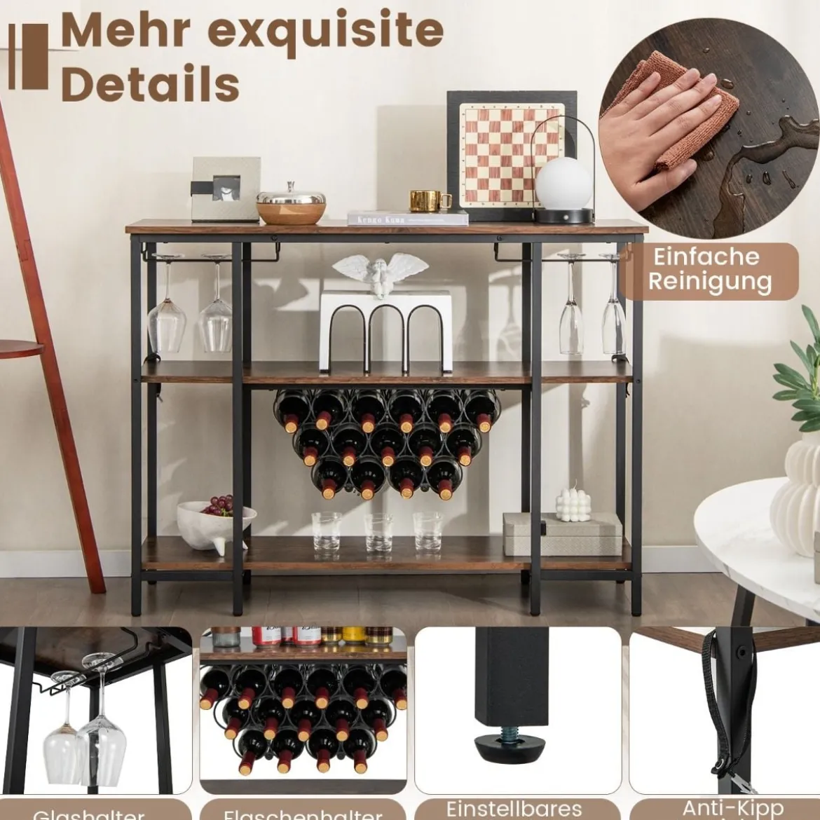 Industrielles Weinregal mit Glashalter & Regalen & Steckdosen für 15 Weinflaschen Weinschrank Braun