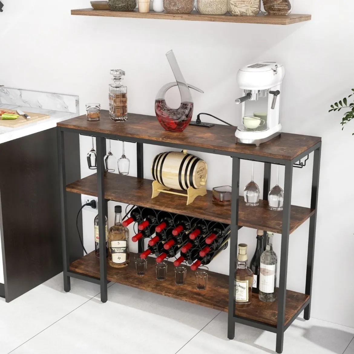 Industrielles Weinregal mit Glashalter & Regalen & Steckdosen für 15 Weinflaschen Weinschrank Braun