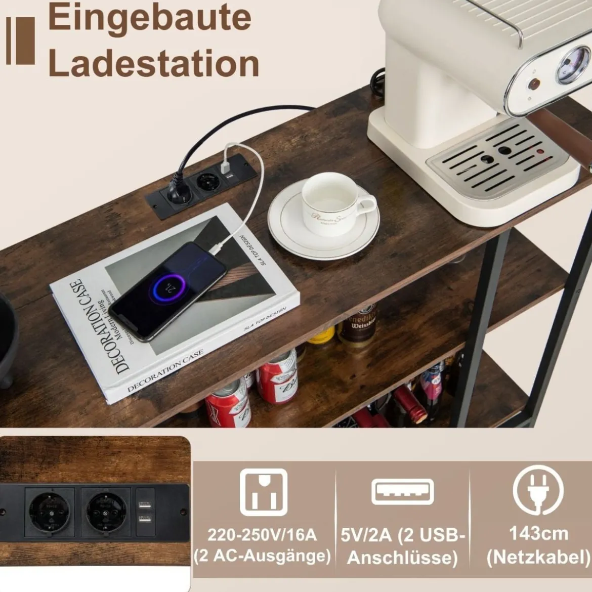 Industrielles Weinregal mit Glashalter & Regalen & Steckdosen für 15 Weinflaschen Weinschrank Braun