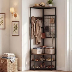 3 in 1 Eckgarderobe aus Metall platzsparende Garderobenständer mit Haken Rustikales Braun 49 x 49 x 171 cm