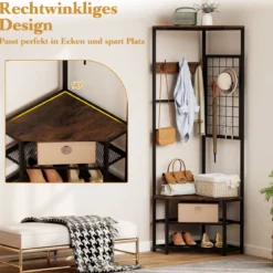 3 in 1 Eckgarderobe aus Metall platzsparende Garderobenständer mit Haken Rustikales Braun 49 x 49 x 171 cm