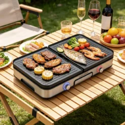 3-in-1 Elektrischer Tischgrill 2000W Elektrogrill mit 2 Separaten Heizzonen 6 Temperatureinstellungen