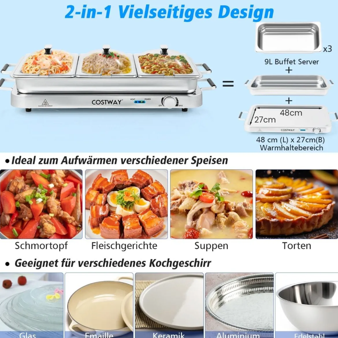 3 in 1 Elektrischer Wärmebehälter mit Temperaturregler bis 150℃ 450W Speisewärmer 9L