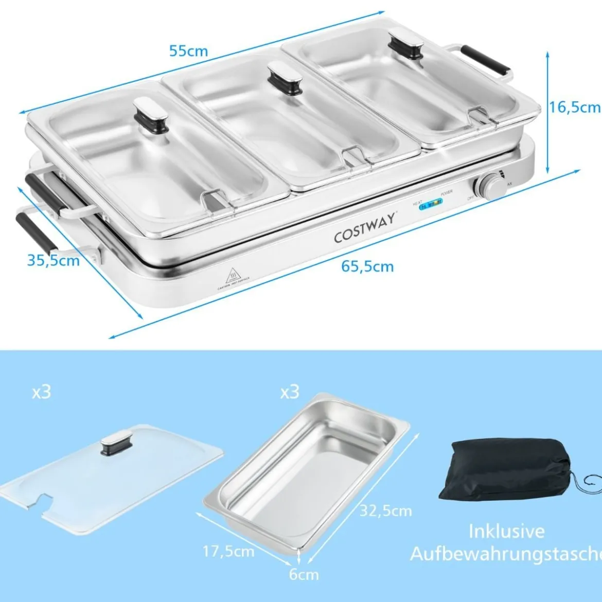 3 in 1 Elektrischer Wärmebehälter mit Temperaturregler bis 150℃ 450W Speisewärmer 9L