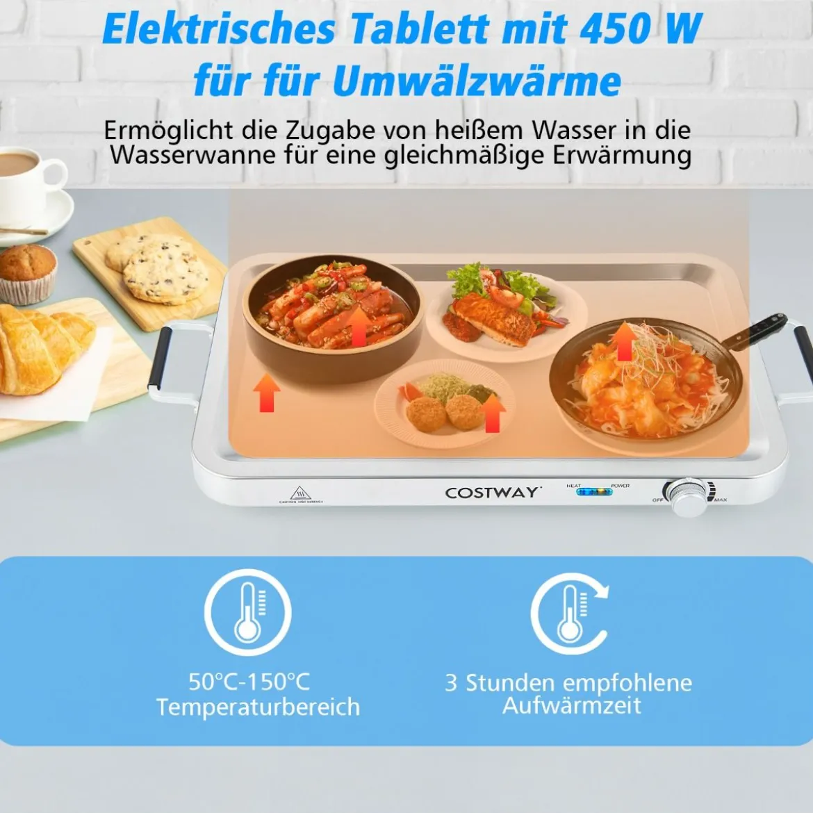 3 in 1 Elektrischer Wärmebehälter mit Temperaturregler bis 150℃ 450W Speisewärmer 9L
