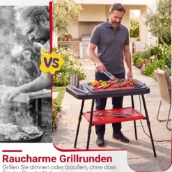 2 in 1 Elektrogrill 2000W Standgrill mit Doppelter Grillplatten & Höhenverstellbarem Ständer