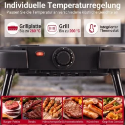 2 in 1 Elektrogrill 2000W Standgrill mit Doppelter Grillplatten & Höhenverstellbarem Ständer