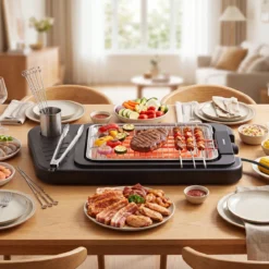 2 in 1 Elektrogrill 2000W Standgrill mit Doppelter Grillplatten & Höhenverstellbarem Ständer